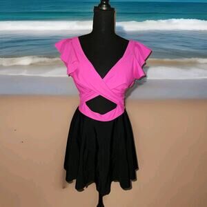 NWT! B2PRITY Cut Out One Piece Swimdress Black/Pink Flutter Sleeves Size M